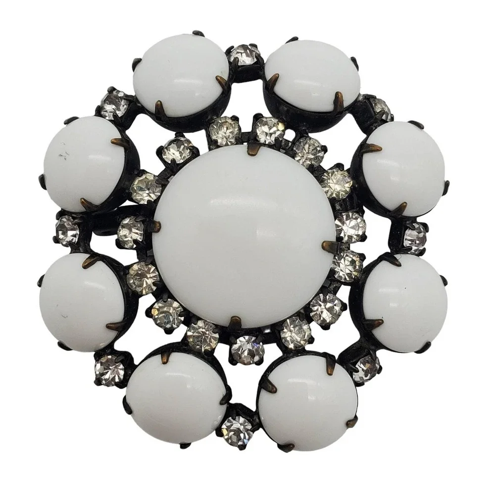 White Milk Glass Brooch Clear Rhinestone Round Pin Spring Summer Bride 1960s Vtg